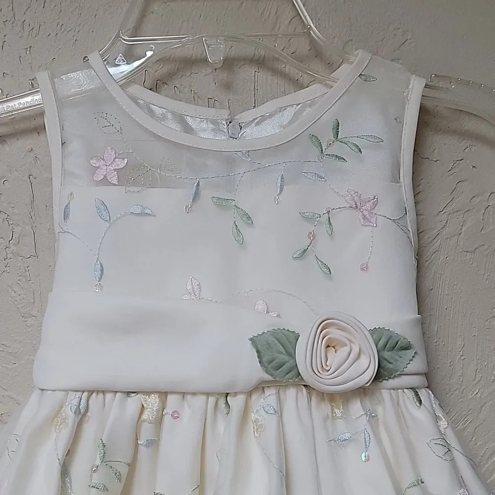 CINDERELLA IVORY EMBROIDERED FLORAL FANCY PARTY PAGEANT DRESS, SIZE 4